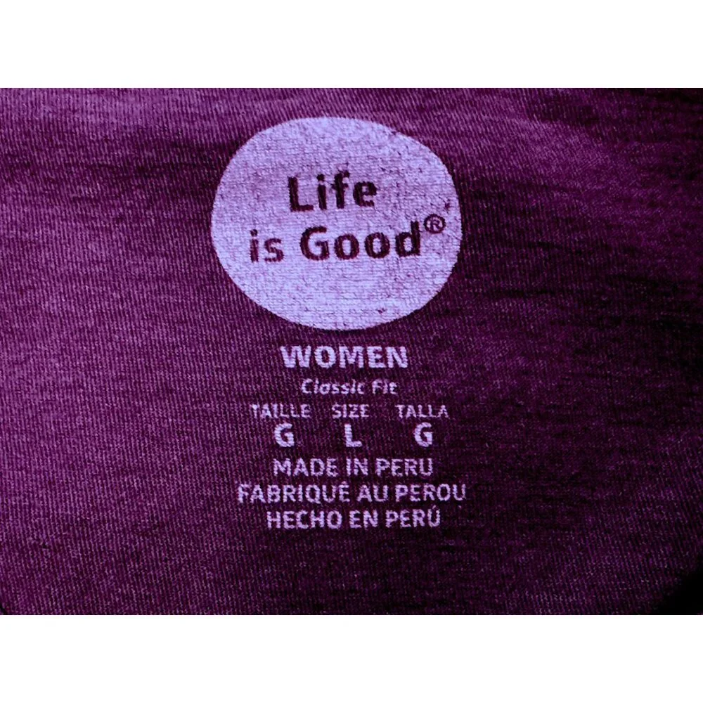 Life Is Good Bicycle With Basket Womens Purple V-Neck Short Sleeve T-Shirt Sz L - Picture 5 of 6